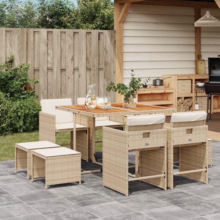 vidaXL 9-delige Tuinset met kussens poly rattan beige, Tuin en Terras, Tuinsets en Loungesets, Tuinset, Nieuw, Verzenden