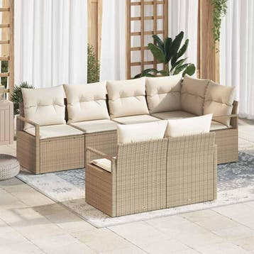 vidaXL Tuinbank Set 7 st Beige en Wit poly rattan, Verzenden