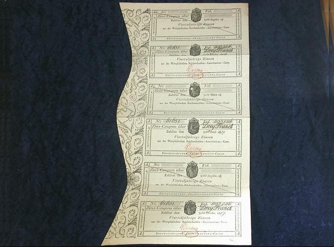 Zinscoupon ueber 3 Francs 1816 + 1817 duitse Staaten West..., Postzegels en Munten, Bankbiljetten | Europa | Niet-Eurobiljetten