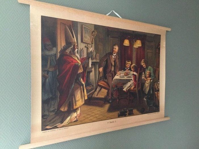 Geldorp - wolters - Schoolplaat poster Sinterklaas en Zwarte, Antiek en Kunst, Kunst | Tekeningen en Fotografie