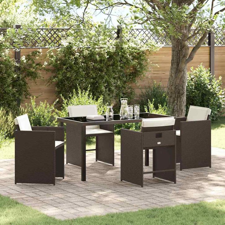 vidaXL Tuin Eettafel Set met kussen 5 pcs Bruin poly rattan, Tuin en Terras, Tuinsets en Loungesets, Nieuw, Verzenden