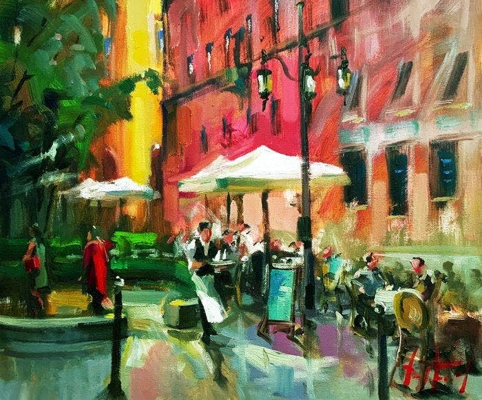Jurij Frey - Café, Paris, Antiek en Kunst, Kunst | Schilderijen | Modern