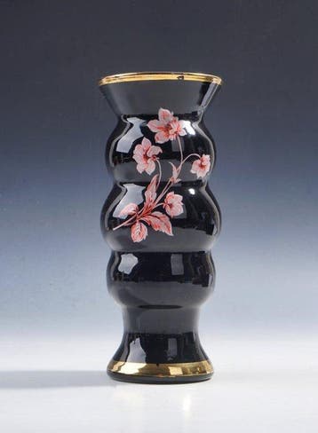 Vaas - Zalmroze bloemen op zwart, verguld • Italië, Toscane, Antiquités & Art