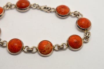Koraal - 925 Zilver - Rode Koraal - 11,54 g - Armband, Verzamelen, Mineralen en Fossielen