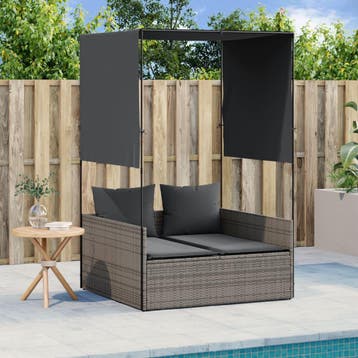 vidaXL Ligbed tweepersoons met dak en gordijn poly rattan, Verzenden