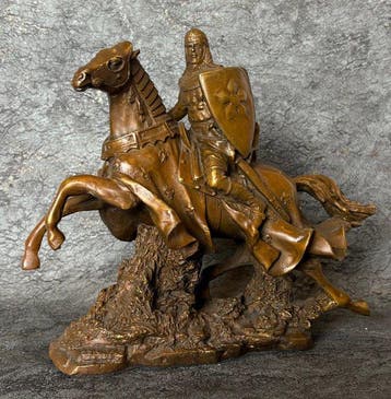 Statue, Groot formaat bronzen middeleeuwse ridder te paard -