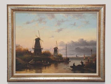 Fred Arends (1949) - Windmolens langs een rivier bij