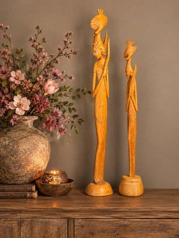 Twee Balinese houtsnijwerken art deco stijl - Beeld -