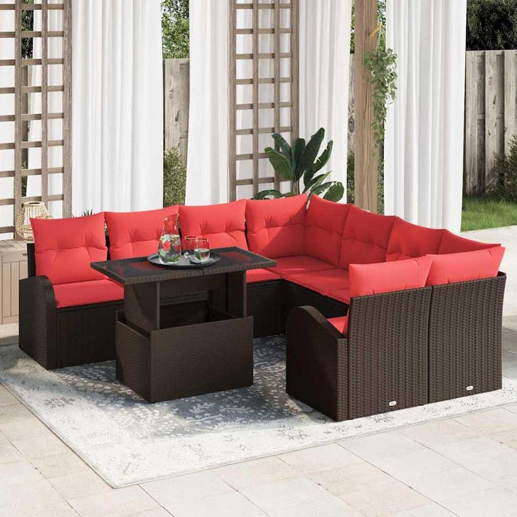 vidaXL Tuinbank Set 9 st Bruin Poly Riet, Tuin en Terras, Tuinsets en Loungesets, Nieuw, Verzenden