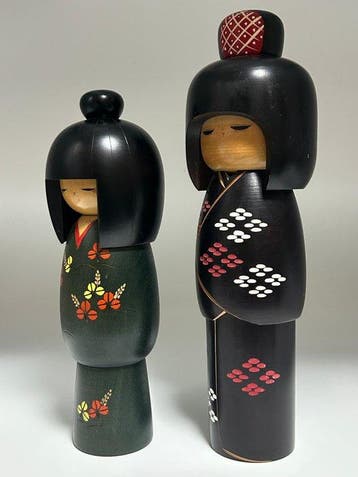 Miyakawa Kunio & Kishi Sadao – 2 grote Sosaku Kokeshi-poppen