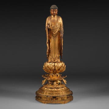 Beeld van Amida Nyorai  - Hout, Verguld, Glas, Lak -