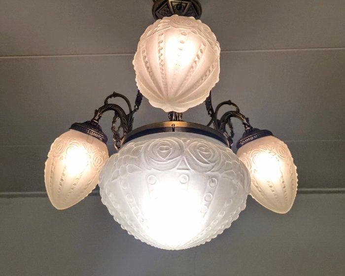 Kroonluchter - Franse Art-Deco stijl Lamp - Glas, Brons, Antiek en Kunst, Curiosa en Brocante