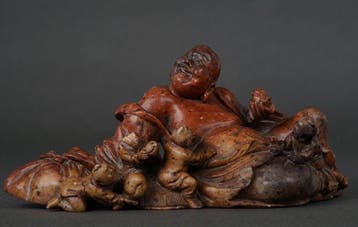 Shoushan Stone Carving of Putai (Happy Buddha) with a Bat