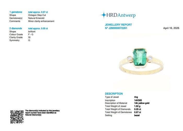 Bague - 14 carats Or jaune - 1.02ct. tw. Émeraude - Diamant, Bijoux, Sacs & Beauté, Bagues