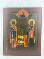Icoon - Grote icoon die de medische heiligen Cosmas en, Antiek en Kunst