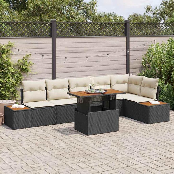vidaXL Tuin Eettafel Set met kussen 7 pcs Zwart en Beige, Jardin & Terrasse, Ensembles de jardin, Envoi