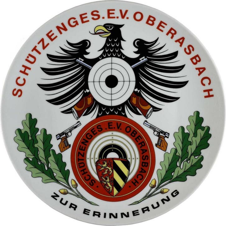 Weißer Porzellanteller mit Farbdekor ohne Jahr Schuetzenm.., Timbres & Monnaies, Pièces & Médailles, Envoi