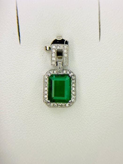 Pendentif - 14 carats Or blanc - 1.70ct. tw. Émeraude -, Handtassen en Accessoires, Antieke sieraden