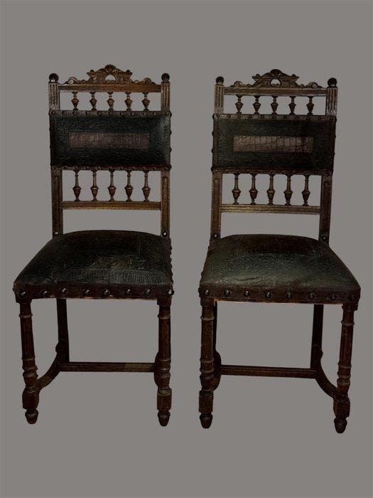 Stoel - Hout, Leder, Antiquités & Art, Curiosités & Brocante