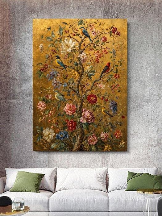 Shayer - Golden Garden – Symphony of Birds - XL - 60x80cm -, Antiek en Kunst, Curiosa en Brocante