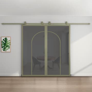 Dubbele stalen schuifdeur Olijfgroen 2 Vlaks rond Rook glas