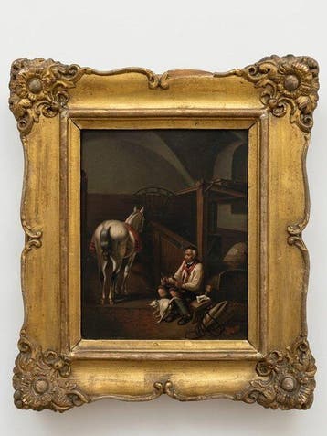 Europese school (XIX) - Escena en caballeriza con mozo,, Antiek en Kunst