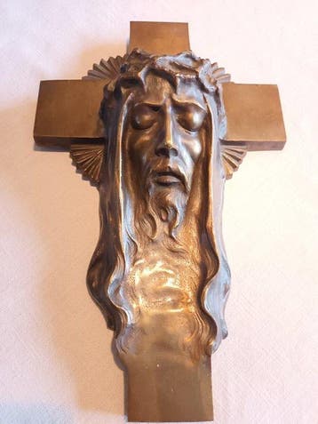 sculptuur, Bronzen Wand Sculptuur - Jezus Christus met, Antiquités & Art