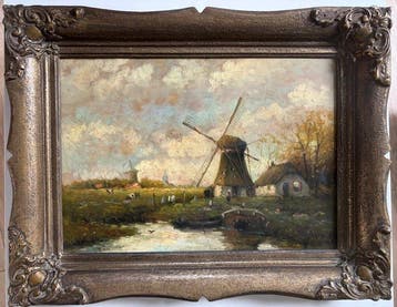 Nederlandse school (XX) - Molenlandschap, Antiquités & Art