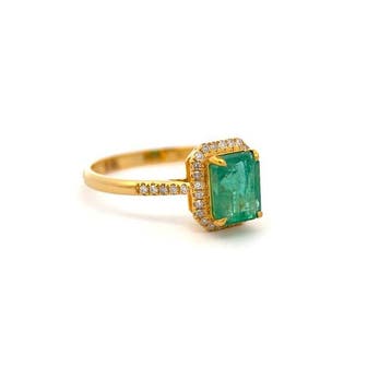 Bague - 14 carats Or jaune - 1.45ct. tw. Émeraude - Diamant