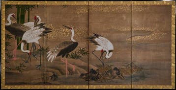 Een middelgroot vierluiks vouwscherm met reigers langs een