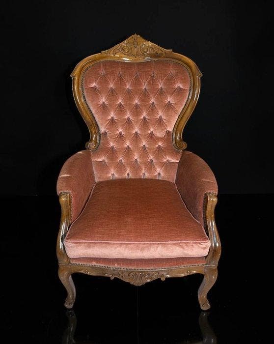 Fauteuil - Chesterfield - Fluweelroze (Pink) - Walnoot -, Antiek en Kunst, Antiek | Overige Antiek