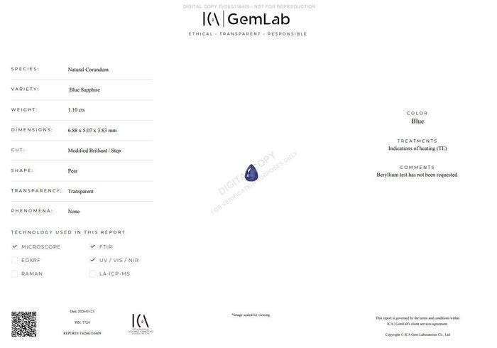 1 pcs Blauw Saffier - 1.10 ct - nternational Colored, Handtassen en Accessoires, Edelstenen