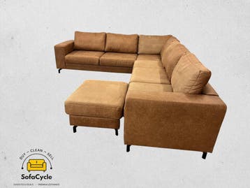 Hoekzetel cognac in microvezel met poef, XL – tweedehands, Huis en Inrichting, Zetels | Zetels en Chaises Longues, Verzenden, Nieuw