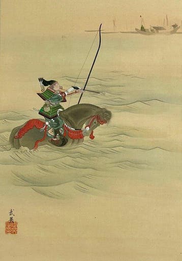 Japanese Hanging Scroll – Mounted Samurai Archer at Sea –