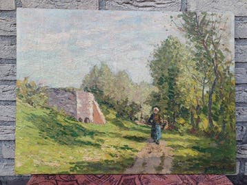 Henri Deglume ( 1846-1940 ) - Landschap met wandelend, Antiek en Kunst