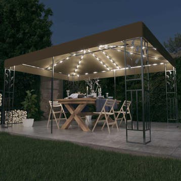vidaXL Prieel met dubbel dak en LED-lichtslinger 3x4 m taupe, Verzenden, Nieuw