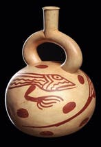 Moche-fles met tuit in hoefijzervorm en grote roodbruine