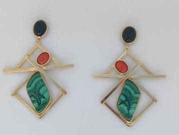 Oorbellen Zilver - 40.00ct. tw. Koraal - Onyx -, Nieuw
