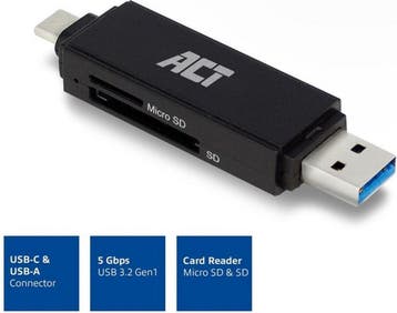 ACT USB 3.2 Card Reader SD/Micro SD USB-C Or USB-A Black, TV, Hi-fi & Vidéo, Photo | Cartes mémoire, Ophalen of Verzenden