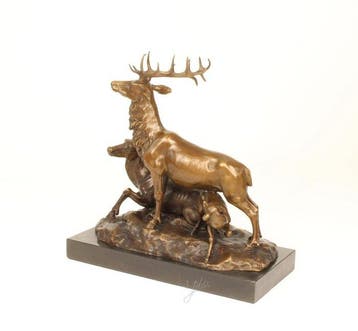 Statue, Herten familie 39.5 cm - 39.5 cm - Bronze, Marbre