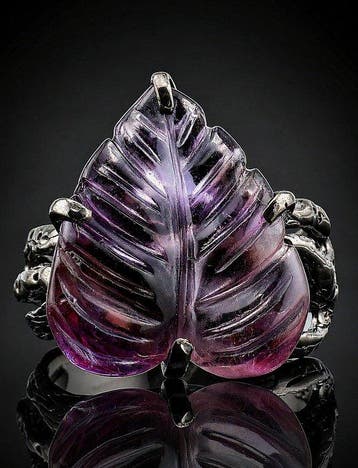 Natuurlijke amethist bladring - 925 Sterling Zilver - Zwarte