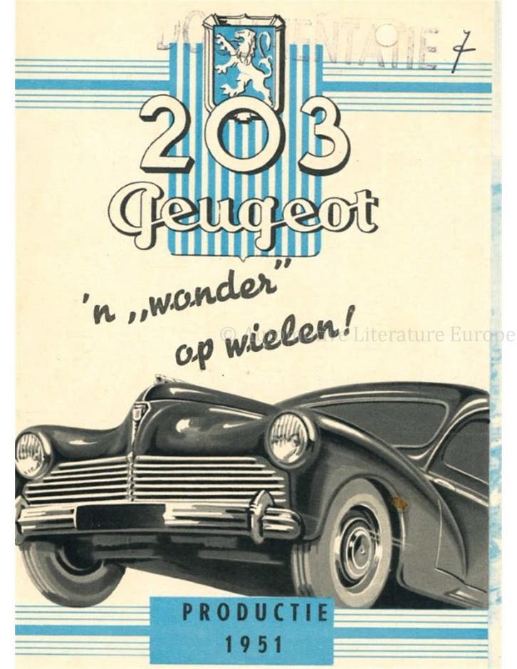 1951 PEUGEOT 203 BROCHURE NEDERLANDS, Livres, Autos | Brochures & Magazines