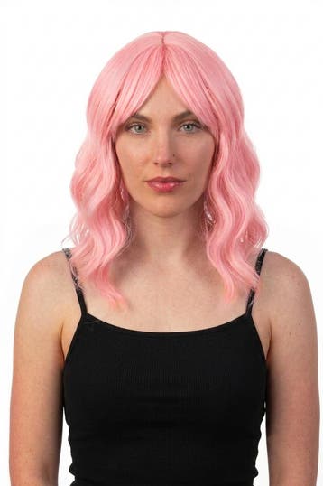KIMU® Luxe Roze Pruik Schouderlengte Schuine Pony Krullen Ou, Ophalen of Verzenden