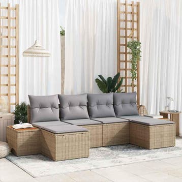 vidaXL Tuinbank Set 6 st Beige en Lichtgrijs Poly Riet, Verzenden