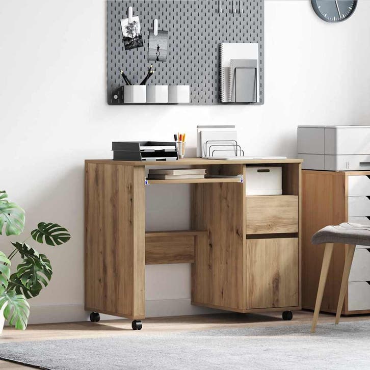 vidaXL Bureau met Wielen Artisan Eiken 91 x 50 x 77 cm, Huis en Inrichting, Bureaus, Nieuw, Verzenden