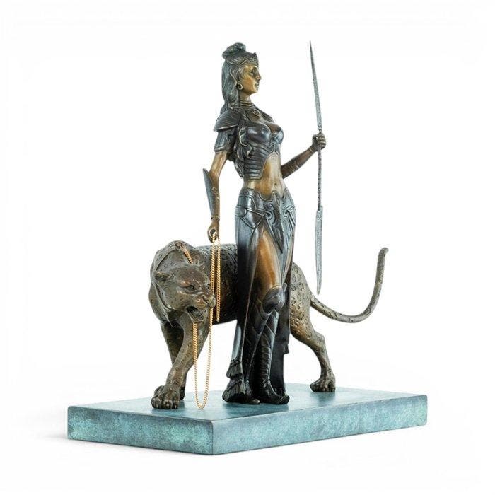 sculptuur, Cleopatra with Panther - 36 cm - Brons, Antiquités & Art, Curiosités & Brocante