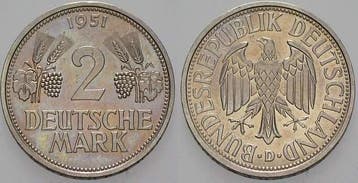 2 duitse Mark 1951 D 2 Mark Kursmunten Ähren, Verzenden