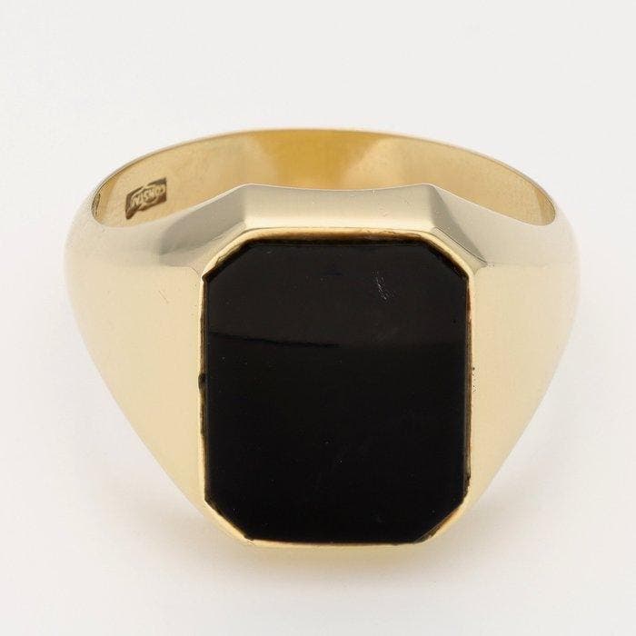 Ring - 14 karaat Geel goud Onyx, Handtassen en Accessoires, Ringen