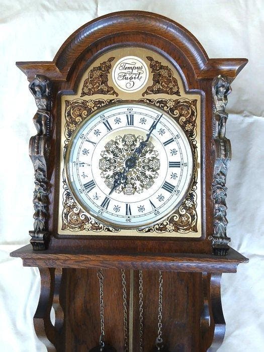 Wandklok - Tempus Fugit - Hout, Glas, Koper - 1960-1970, Antiek en Kunst, Antiek | Klokken