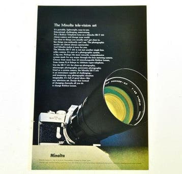 Vintage Minolta Rokkor telelens – reclame uit 1971, Collections, Verzenden
